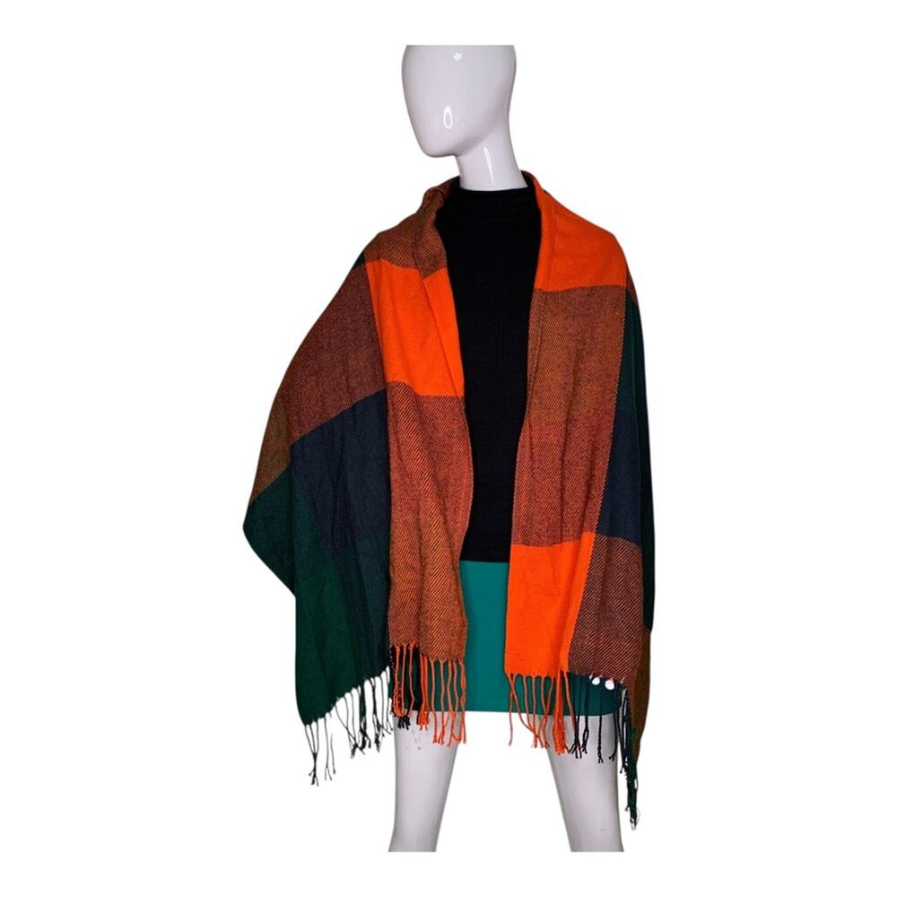 Fringe Unbranded Plaid Scarf Fine Knit Orange Green Black 24"X40"